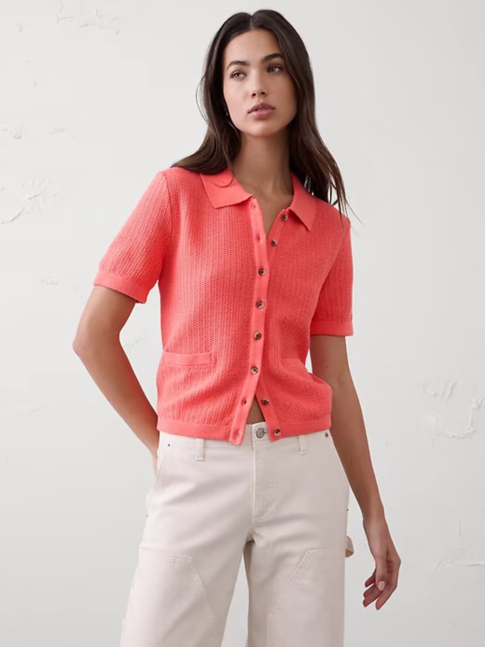 Banana Republic Textured Button Down Short Sleeve Sweater Polo Small Guava Pink